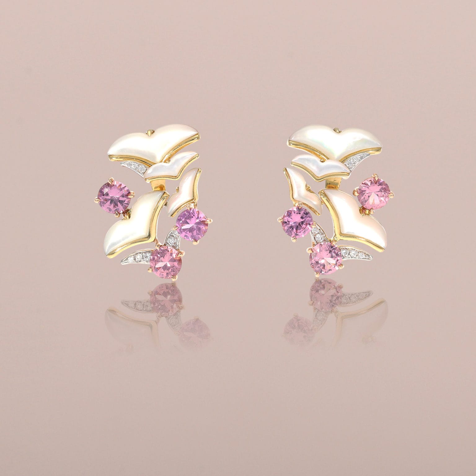 Seagull Earrings with Malaia Garnets and Mother-of-Pearl